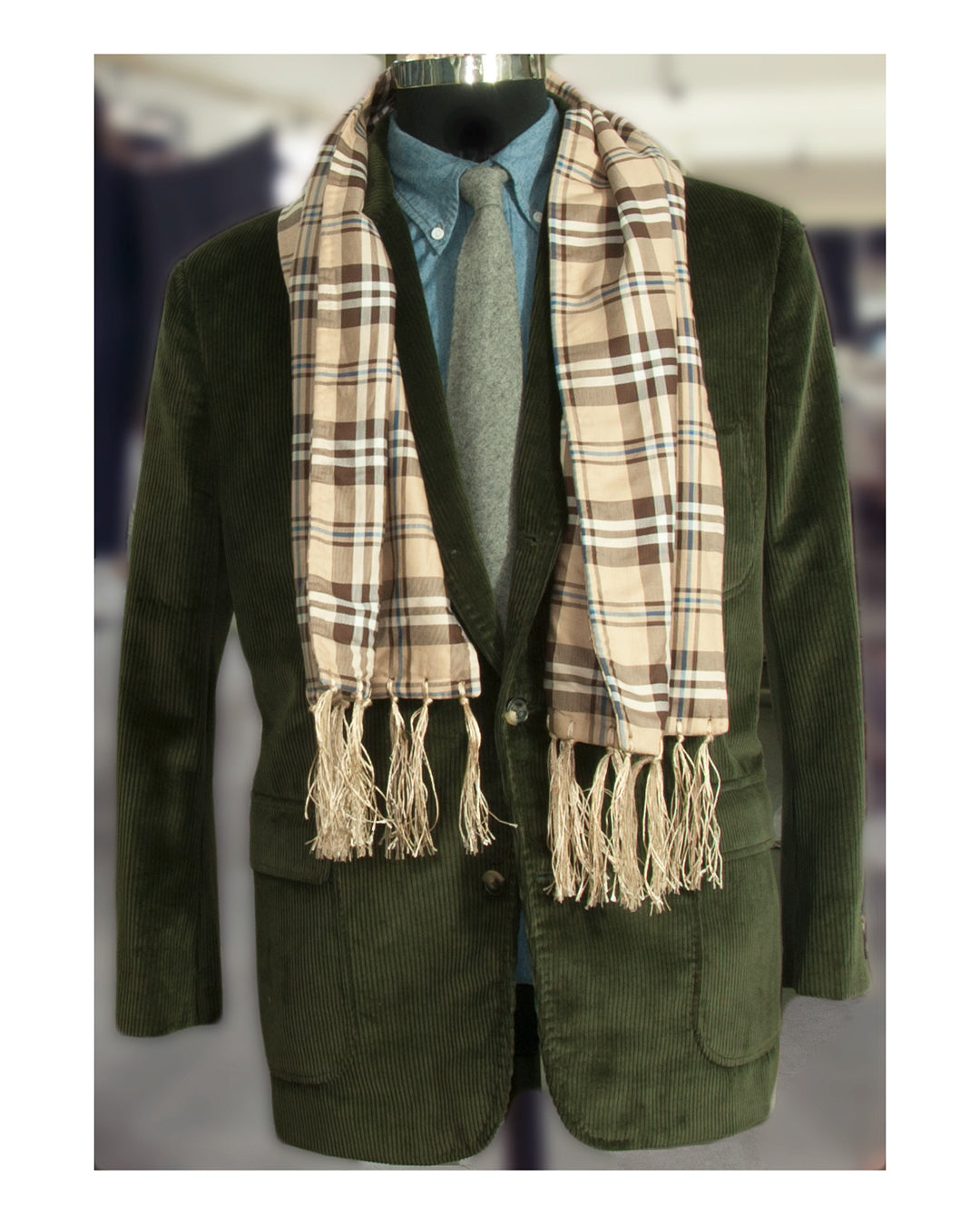 Wool Lined Cotton Scarf - Tan Checks - 1