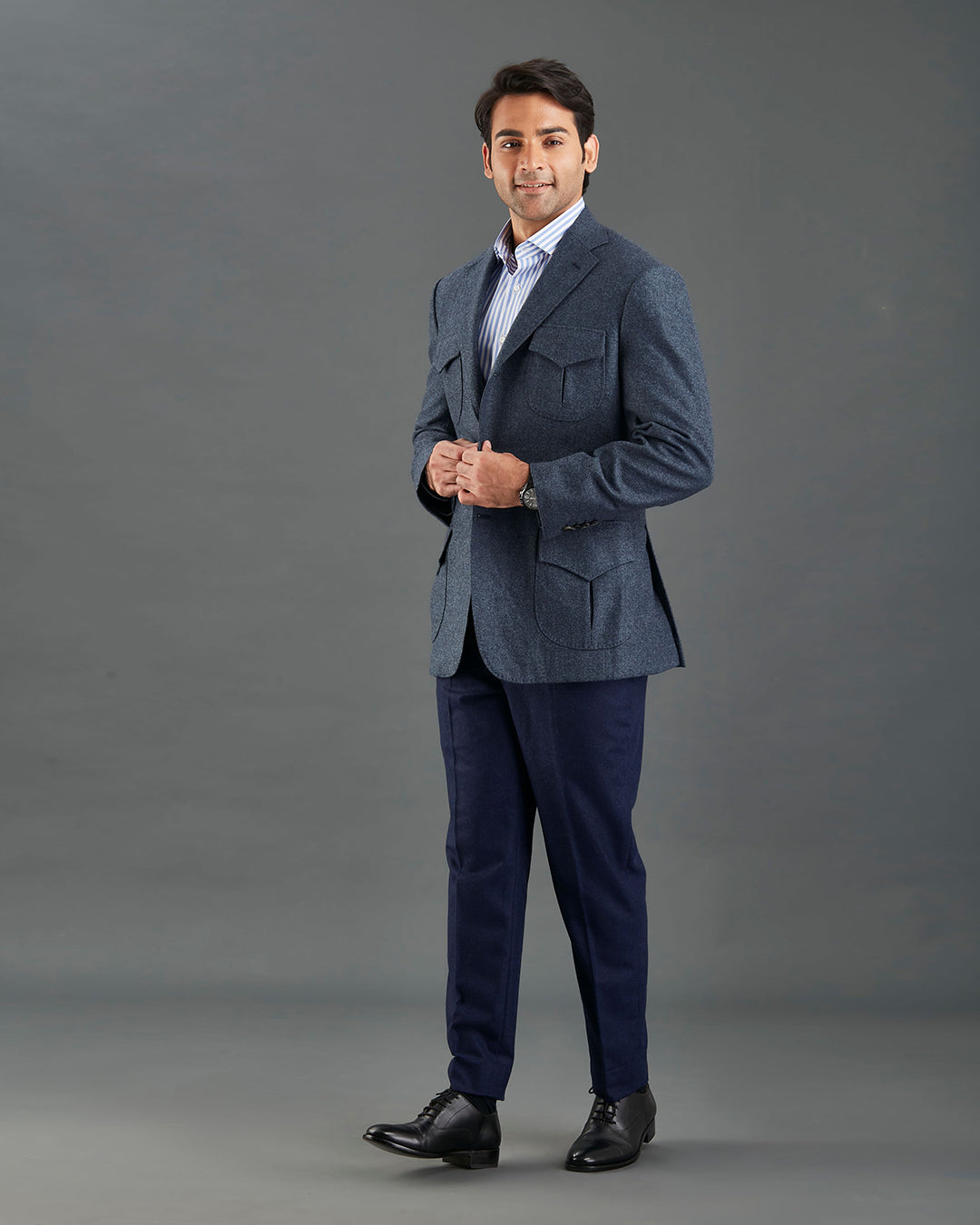 EThomas Prussian Blue Harringbone Jacket - 4
