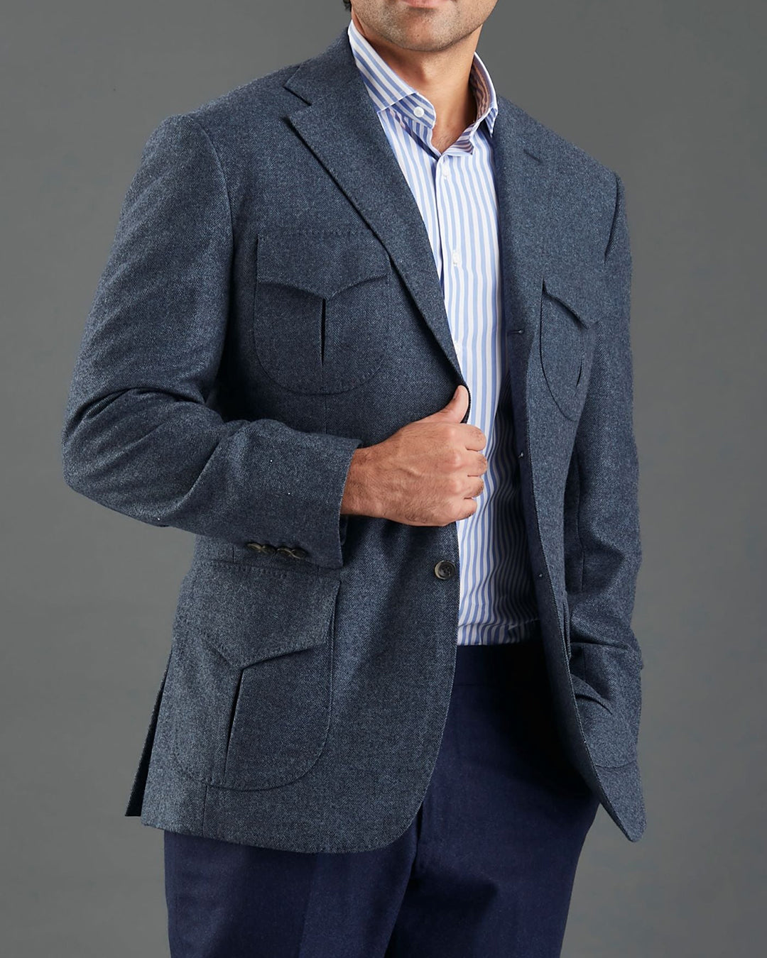 EThomas Prussian Blue Harringbone Jacket - 1