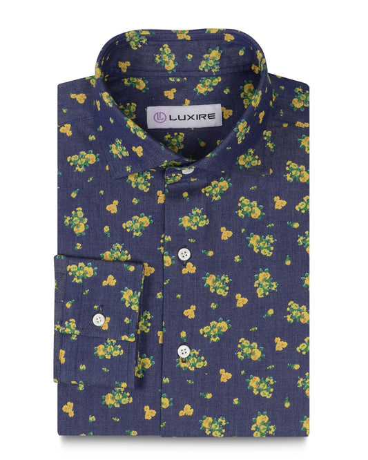 Indigo Denim Printed Green Yellow Flowers