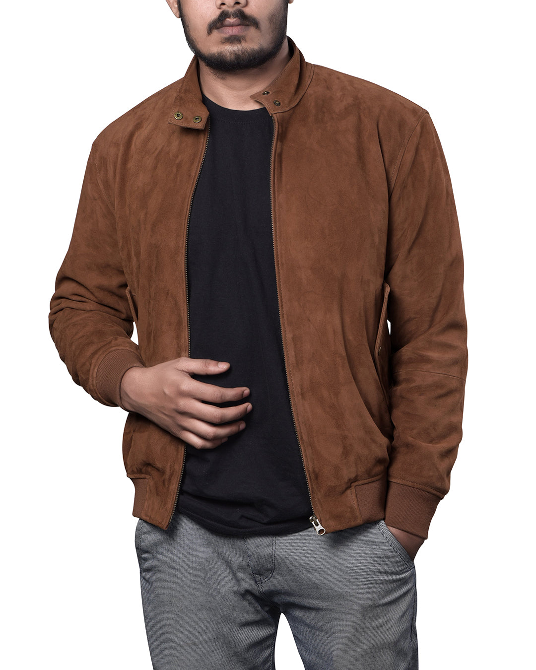 Tan Suede Leather Bomber Jacket - 1